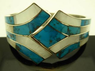 Vintage Turquoise Mop Sterling Art Deco Clamper Hinged Bangle Bracelet Size 7 "