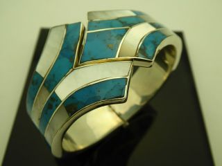 Vintage Turquoise MOP Sterling Art Deco Clamper Hinged Bangle Bracelet Size 7 