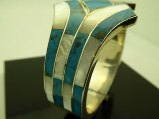 Vintage Turquoise MOP Sterling Art Deco Clamper Hinged Bangle Bracelet Size 7 