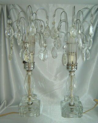 Vintage Pair Art Deco Leaded Crystal & Chrome Chandelier Waterfall Table Lamps