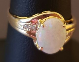 Estate 14k Yellow Gold Natural Opal And Diamonds Ladies Ring Sz 7.  25