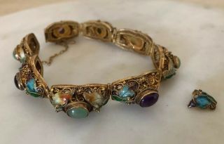 Vintage Chinese Sterling Silver? Gold Vermeil Filigree Enamel Jade Bracelet