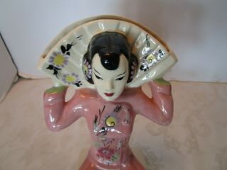 Vtg Weil Ware Asian Woman Oriental Figurine w/ Fan Vase California Art Pottery 2