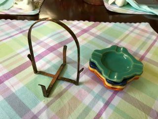 Vintage Set of four Bauer Pottery nested Ashtrays w/copper holder 1930 ' s 4