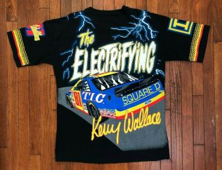 Vintage 90s Kenny Wallace Heat All Over Print T - Shirt Nascar Vintage Usa Large