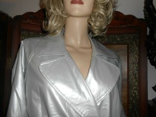 Vtg L Shiny Silver Pearl Vinyl Raincoat Trench Coat PVC Rain Jacket Rain Slicker 2