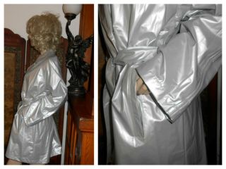 Vtg L Shiny Silver Pearl Vinyl Raincoat Trench Coat PVC Rain Jacket Rain Slicker 3