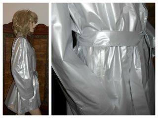 Vtg L Shiny Silver Pearl Vinyl Raincoat Trench Coat PVC Rain Jacket Rain Slicker 5