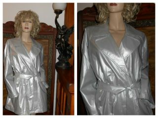 Vtg L Shiny Silver Pearl Vinyl Raincoat Trench Coat PVC Rain Jacket Rain Slicker 7