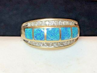 Estate Vintage 14k Gold Natural Australian Opal Diamond Ring Band Signed Aj