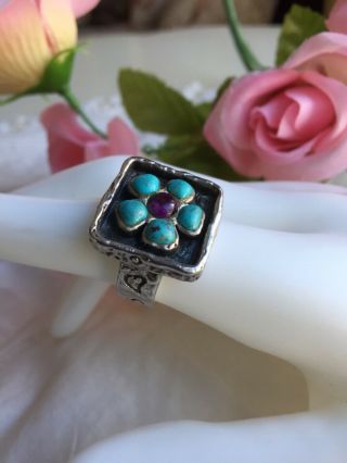 Vintage Hand Tooled Sterling Silver Ring With Turquoise And Amethyst Stones