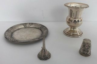 Set Of 4 Sterling Silver Egg Cup,  Perfume Funnel,  Thimble And Pin Dish