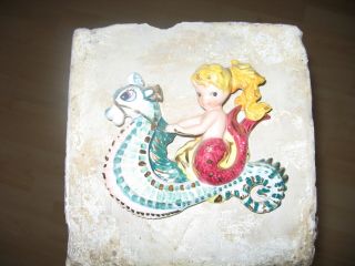 Vintage Midcentury Lefton Ceramic Mermaid On Seahorse,  Prisitne