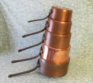 Set 5 Vintage Heavy 5.  8kg French Copper Saucepans 2.  5mm Tinned 12.  5lb Iron Hand