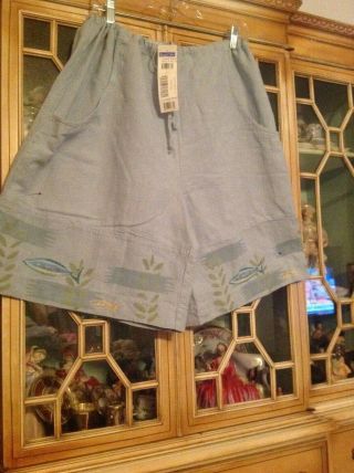 Nwt Very Rare Blue Fish Vintage Linen Shorts,  Artist Signed.  Drawstring,  Fish 2