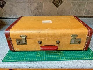 Vintage Leather Trimmed Suitcase 21 " Luggage Decor Prop Inside Remarkable