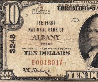 Rare 1929 $10 Albany,  Tx Texas National Banknote E001801a
