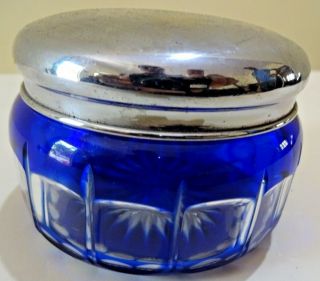 Vintage Bohemian Cobalt Blue Cut Clear Crystal Box Glass Trinket Box Czech F
