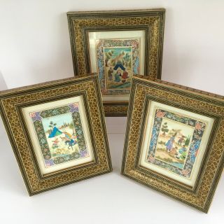 Set Of 3 Vintage Persian Miniature Paintings - Khatam Marquetry Mosaic Frames