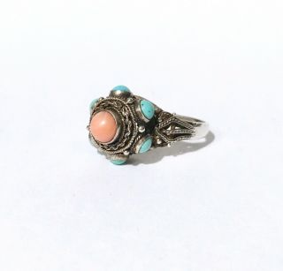 Vintage Chinese Export Coral Turquoise Sterling Silver Filigree Ring Adjustable