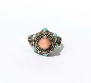 Vintage Chinese Export Coral Turquoise Sterling Silver Filigree Ring Adjustable 2