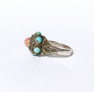 Vintage Chinese Export Coral Turquoise Sterling Silver Filigree Ring Adjustable 3