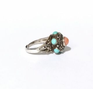 Vintage Chinese Export Coral Turquoise Sterling Silver Filigree Ring Adjustable 4