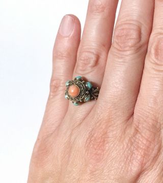 Vintage Chinese Export Coral Turquoise Sterling Silver Filigree Ring Adjustable 5