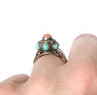 Vintage Chinese Export Coral Turquoise Sterling Silver Filigree Ring Adjustable 6