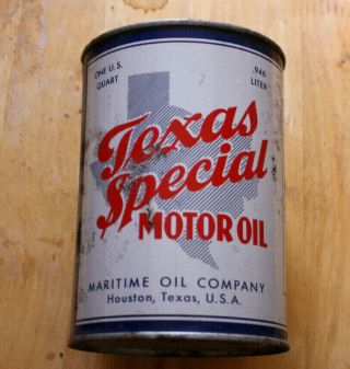 Vintage Rare Quart Texas Special Oil Can Metal Houston Texas Maritime Oil Co.