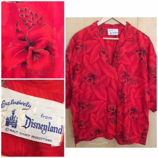 Disneyland Vintage 50s 60s Hawaiian Red Tiki Oasis Shirt Mens 19” Shoulder M L