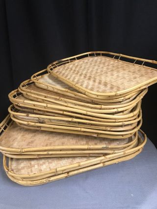 Set 12 Vintage Bamboo Tiki Tv Trays Rattan Wicker Breakfast Serving Trays