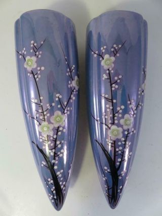 Rare Large Vintage Blue Lusterware W Cherry Blossoms Wall Pockets Japan