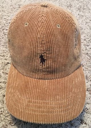 Vintage 90’s Polo Ralph Lauren Corduroy Hat Adjustable Leather Strap Brown Pony