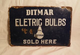 1920s Antique Ditmar Electric Bulbs Porcelain Flange Double Sided Sign Vintage
