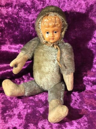 Rare Antique Jointed Teddy Doll C1930 Germany Mohair Jointed Celluloid Face