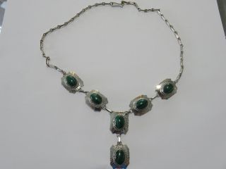 Sterling Silver And Green Malachite Necklace Signed Pm