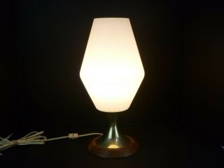 Vtg Mid Century Danish Modern White Frosted Glass Pedestal Table Lamp Teak Base 8
