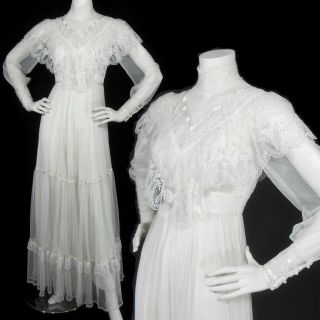 Vtg 70s Gunne Sax Sheer Net Lace Victorian Boho Prairie Wedding Maxi Dress Xs