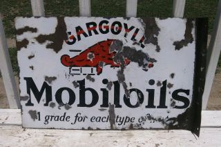 Vintage Orig.  Mobiloil Gargoyle Double Sided Porcelain Flange Sign 24 " X 15 1/2 "