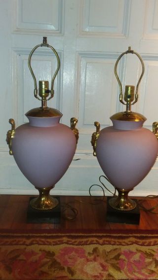 Quantity 2 Vintage Brass And Glass Urn Lamps With Cherub Handles 25 Inch