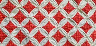 Vintage Hand Made Cathedral Window Quilt Red Ivory Beige Hand Sewn,  96 " X 82 "