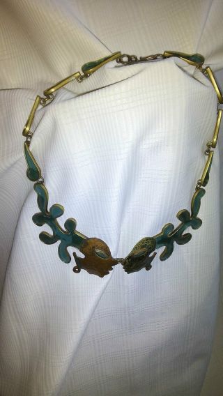 Vtg modern mcm MAYA MEXICO mixed metals enamel necklace brass copper 2
