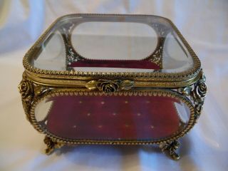 Vintage Ornate Roses Beveled Glass Ormolu Large Jewelry Casket Box