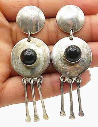 Mexico 925 Silver - Vintage Black Onyx Round Chandelier Dangle Earrings - E4470