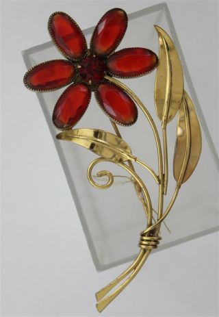 Vintage Sterling Craft By Coro Ruby Glass Stone Long Stem Flower Brooch Jewelry