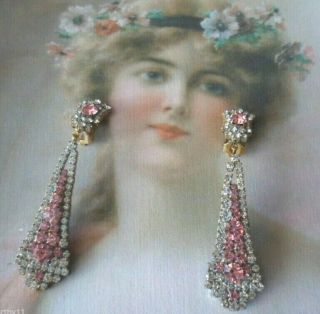 Vintage Jewellery Czech Earrings Pink White Crystal Gold Antique Dress Jewelry