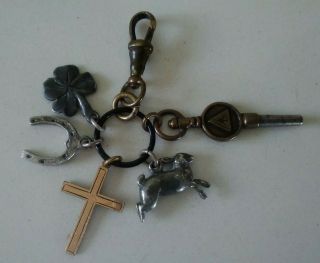 Antique Pocket Watch Chain Fob Clip,  Watch Key,  Horseshoe,  Hare,  Cross & Clover