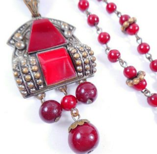 Antique Art Deco Czech Dark Red Glass Dangle Pendant Necklace Neiger Bros?