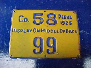 Orig 1926 Pennsylvania Metal Hunters License Jacket Tag Plate